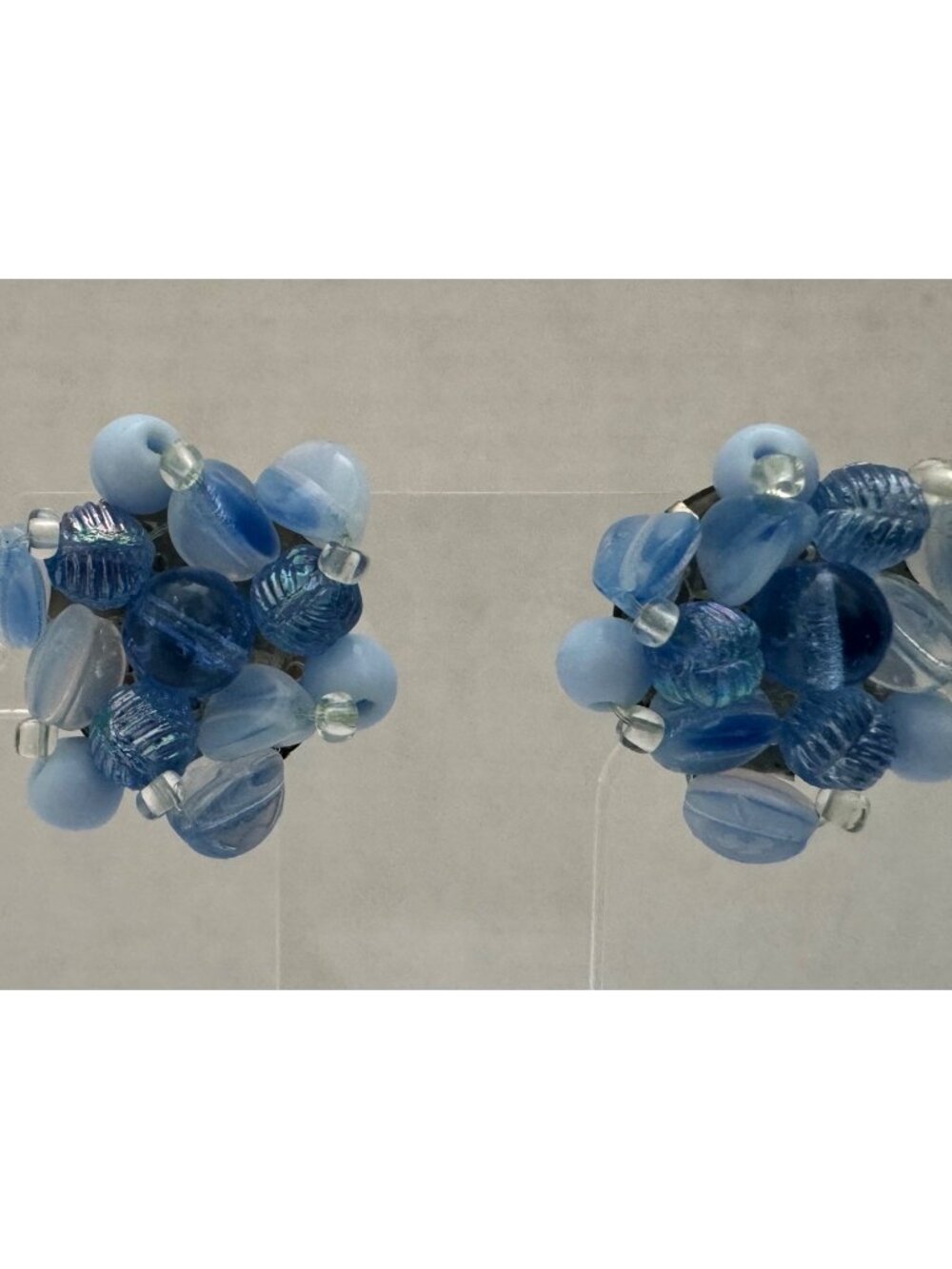 Signed Germany Blue Frosted Glass Bead Cluster Earrings Vintage Clip On